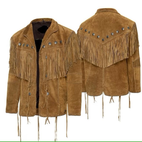 COWBOY-MEN-JACKE, westlicher Stil, Native American, Wildleder Traditionelle Vintage-Männerfransen und Perlenleder maßgeschneiderte Jacke Reitstil