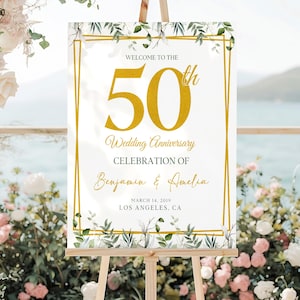 50th Wedding Anniversary Welcome Sign, Floral Wedding Anniversary Sign, Happy Anniversary Decor, Golden Wedding Sign, Canvas Print