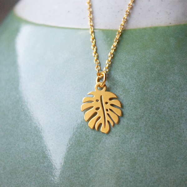 Goldene Monstera Blatt Kette, 925 Sterling Silber vergoldet