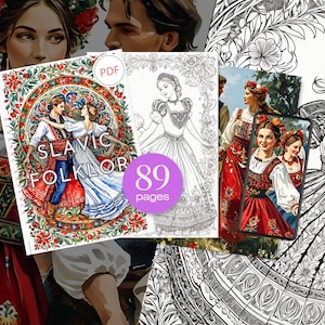 Puede incluir: Un libro para colorear con 89 páginas que presenta el arte folclórico eslavo. La portada muestra a una pareja con vestimenta tradicional bailando. El libro se titula "Slavic Folklor".