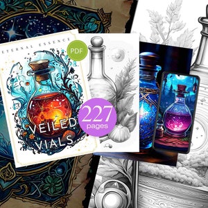 Może przedstawiać: Okładka książki z kolorową ilustracją szklanej butelki wypełnionej wirującym płynem przypominającym galaktykę. Butelka jest otoczona winoroślą i kwiatami. Tytuł książki to "Veiled Vials: Eternal Essence", a podtytuł to "PDF 227 stron".