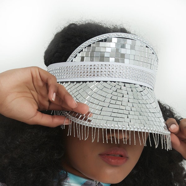 Silver Disco Ball Visor | Hat Disco Mirror Tile | Mirror Disco Visor | Silver Beyoncé Disco Hat | Bling | Club Tiled Disco Festival Party