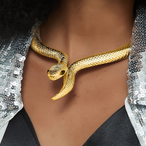 Goldtone Snake Choker Serpent Oversize, Halloween Costume Golden Necklace Choker Collar Necklace Statement Jewelry Snake, Gold Gothic Choker