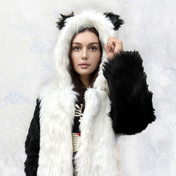 White Panda Winter Long Coat, Rave Coat, Bear Jacket, Rave Outfits, Festival Coat, Fuzzy Fur Coat, Cute Ear, Hood