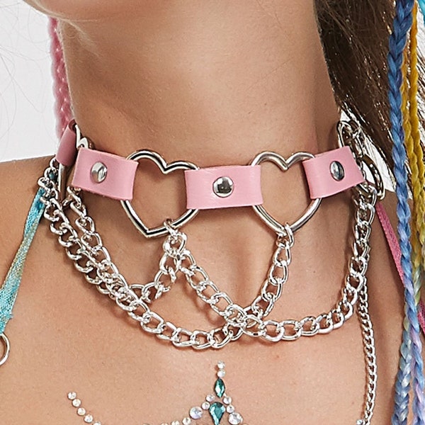 Heart Shape Beauty Chain & Leather Choker, collar, pink, rave accessories, neck, Goth choker