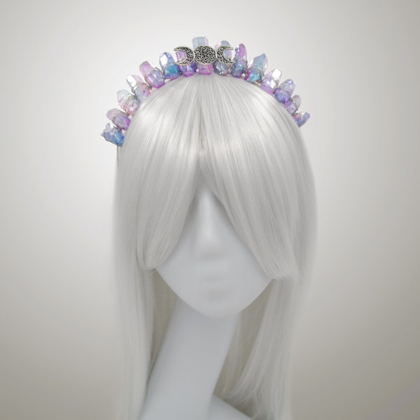 Purple Crystal Clear Moon Phase Angel Aura Quartz Crown, Goddess Headband, Positive Energy, Counteracts Negative Wedding Crown Tiaras Women
