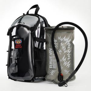 May include: A clear, black, and gray hydration backpack and water reservoir set. The backpack has a clear front and a black back with a "Rave Beetle" patch. The water reservoir is gray with a black tube and the words "Rave Beetle".