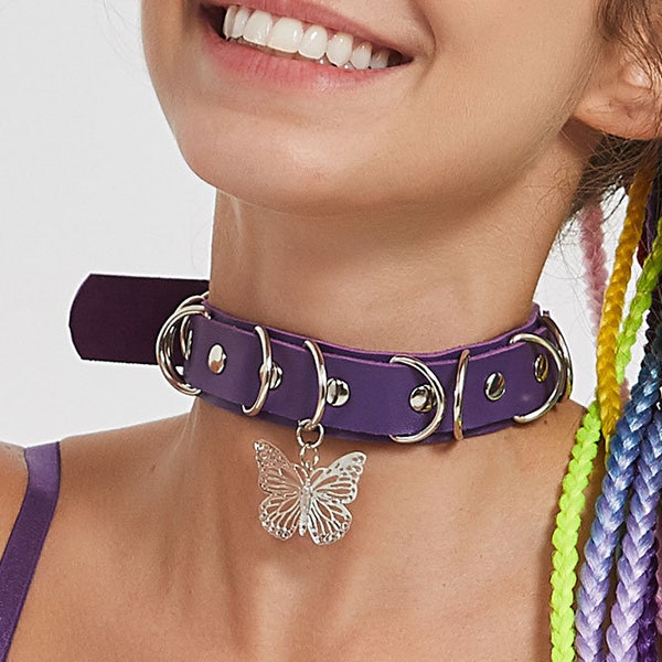 Silver Butterfly Purple Leather Choker, collar, pink, rave accessories, neck, Goth choker, SM