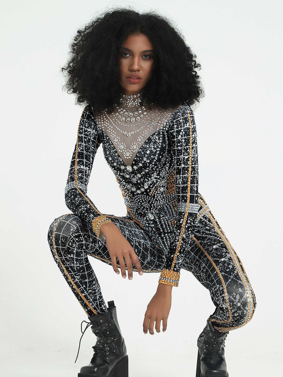 Black Rhinestone Sequin Catsuit – Women’s Festival, Rave, Concert, Birthday & Performance Jumpsuit