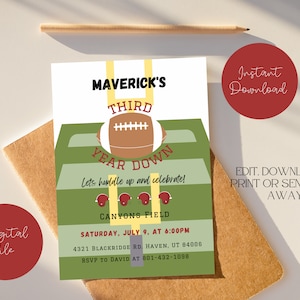 Third Year Down Football Birthday Invitation - Digital Download - Fully Editable - Print or Send Electronically