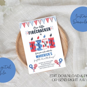 Firecracker Fifth Birthday Invitation - Digital Download - Fully Editable - Print or Send Electronically