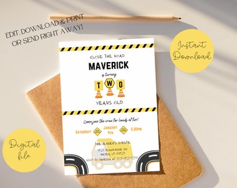Construction Truck Second Birthday Invitation - Digital Download - Fully Editable - Print or Send Electronically
