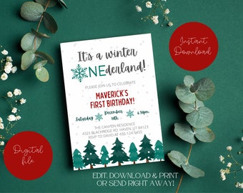 May include: A white printable invitation with a winter wonderland theme. It's a winter wonderland! Please join us to celebrate Maverick's first birthday! Saturday, December 10th, 6:30pm. The Canyon Residence, 4321 Blackridge Rd. Haven, UT 84123. RSVP to David at 435-124-5455. Edit, download & print or send right away!