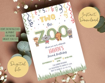 May include: A printable invitation for a child's second birthday party. The invitation features a colorful design with the words "Two the Zoo" and a cartoon illustration of animals. The invitation includes the child's name, Haven, and the date and time of the party.