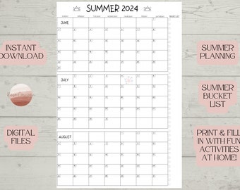 Large Summer 2024 Calendar, Digital Download, Summer Bucket list