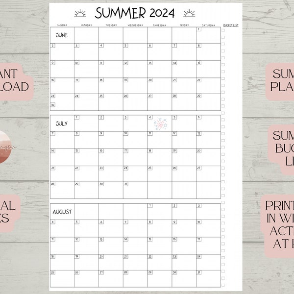 Large Summer 2024 Calendar, Digital Download, Summer Bucket list