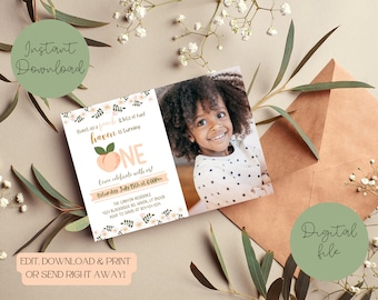Sweet as a Peach Horizontal Birthday Invitation with Picture - Digital Download - Fully Editable - Print or Send Electronically