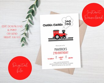 Chugga Chugga Two Two Train Birthday Boy Invitation - Digital Download - Print or Send Electronically