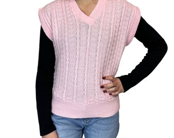 Sweater Vest Womens Size XS Small Pink Cable Knit Vintage 90s Acrylic V-Neck