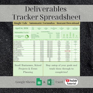 May include: A light green spreadsheet titled "Deliverables Tracker Spreadsheet" with the text "Single Tab, Automatic Formulas, Instant Download." The spreadsheet is designed for small businesses, school projects, and event planning. Includes Google Sheets and Excel icons.