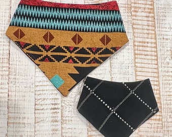Aztec / Black Plaid dog bandana, Personalizable, Reversible