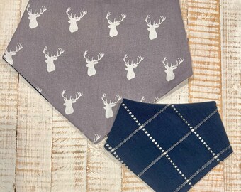 Deer Antlers / Navy Blue Plaid dog bandana, Personalizable, Reversible