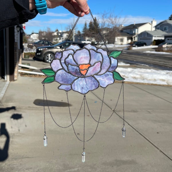 Purple Peony Stained Glass Suncatcher with Hanging Crystals