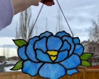 Blue Peony Stained Glass Suncatcher - Flower Glass Art
