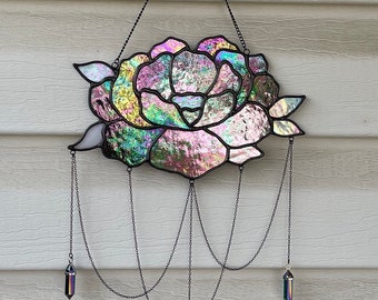 Iridized black peony stained glass suncatcher with hanging crystals