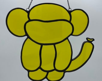 Balloon Monkey Stained Glass Suncatcher - yellow glass w/black patina - nursery decoration, kids room, adorable gift idea!