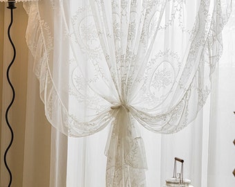 Customizable White Sheer Curtains for Living Room, French Lace Design, with Chic Ruffled Edge