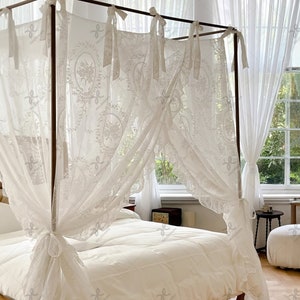 White Canopy Curtain, French Lace Bedspread, Bedspread with Ruffled Edge