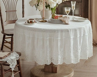 White Wedding Tablecloth, French Vintage Round Tablecloth, Embroidered Tablecloth Customization