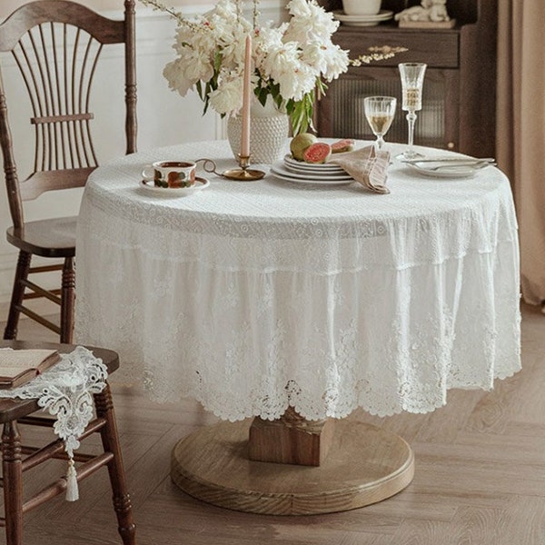 White Wedding Tablecloth, French Vintage Round Tablecloth, Embroidered Tablecloth Customization