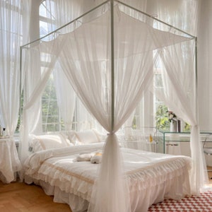 5 Color Canopy Bed Curtains | Elegant Mosquito Net With Top Ties | French Style Sheer Bed Canopy | Princess Bedroom Decor | 4 Corners Post