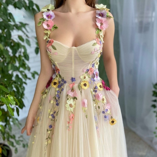 A Line Flowers Champagne Tulle Prom Dress With Slit main image 1