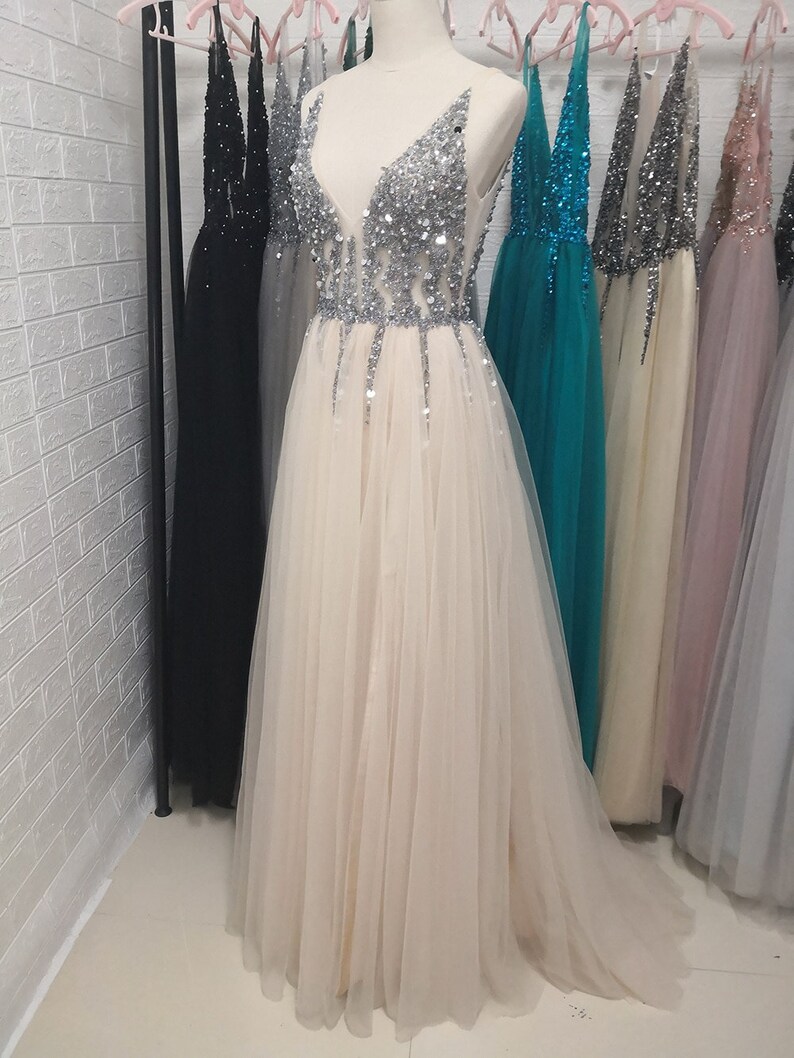 Beading Prom Dresses Long 2022 V Neck Light Gray High Split Etsy