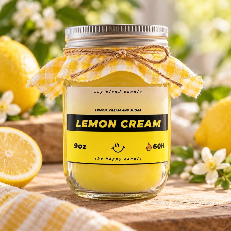 May include: A 9oz soy blend candle in a glass jar with a silver lid, topped with a yellow and white gingham fabric cover tied with twine. The label reads Lemon Cream, Lemon, Cream and Sugar, 9oz, 60H, and the happy candle with a smiley face.