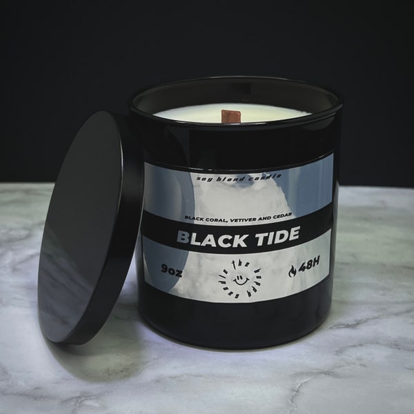 Wood Wick Candle PREMIUM | STRONG Scented Candle |  LONG Lasting Candle | 60+ Hours Burn Time | Black Jar | Soy Blend Candle | Wooden Wick