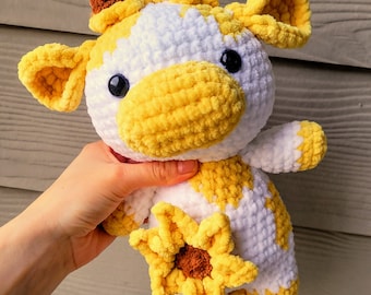 Handmade Crochet Sunflower Cow Plushie: Soft Amigurumi