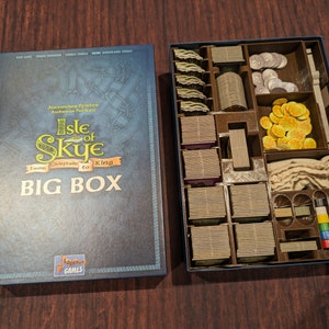 May include: The Isle of Skye: From Collectors to King Big Box board game with a blue box and a brown insert with compartments for game pieces.