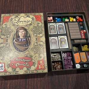 以下が含まれることがあります： 緑色の蓋と茶色の底を持つ箱で、ボードゲーム「Lorenzo il Magnifico」が入っています。箱の蓋には、ロレンツォ・デ・メディチの肖像画が描かれており、ゲームのタイトルとサブタイトル「il Magnifico」が装飾的なフォントで書かれています。箱の底には、ゲームの名前「Lorenzo il Magnifico」と、2つの拡張パック「Famiglia Rinascimentale」と「La Congiura Pazzi」の名前が書かれています。