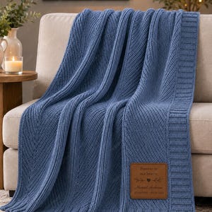 Personalized Memorial Knit Blanket with Engraved Leather Patch, Sympathy Gift, Custom Remembrance Throw, Bereavement Gift, Memorial Blanket