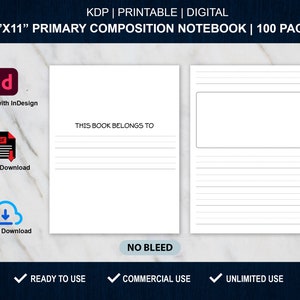 Puede incluir: Un cuaderno de composición primaria imprimible de 8,5" x 11" con 100 páginas. El cuaderno tiene un espacio en blanco para "Este libro pertenece a" y páginas rayadas para escribir. El cuaderno es una descarga digital y está listo para usar con fines comerciales.