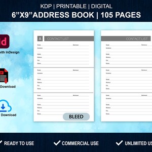 Peut inclure: Un carnet d'adresses numérique imprimable de 105 pages. Le carnet mesure 15,24 cm sur 22,86 cm et est de couleur gris et blanc. La page de couverture porte le texte "CONTACT LIST" et la lettre "A" dans un encadré gris.