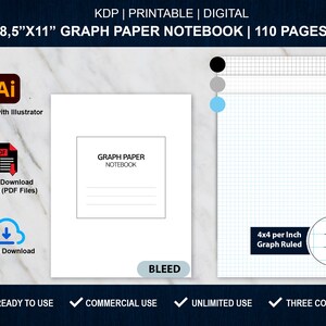 Puede incluir: Descarga digital de un cuaderno de papel cuadriculado imprimible de 8,5" x 11" con 110 páginas. El cuaderno está disponible en tres colores: negro, gris y azul. El cuaderno está creado con Adobe Illustrator y está listo para usar con fines comerciales.