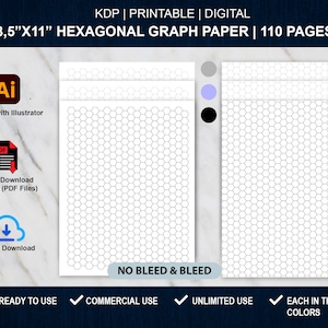 May include: Printable 8.5" x 11" hexagonal graph paper with 110 pages. The paper is available in three colors: gray, light blue, and black. The paper is ready to use, commercial use, and unlimited use.