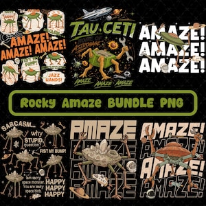 May include: A collection of digital art featuring alien-like creatures, space-themed elements, and the text "AMAZE!" in various designs. The designs include phrases like "Tau Ceti" and "Rocky Amaze Bundle PNG."