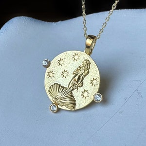 14k Silver Goddess Venus Necklace, Ancient Venus Medallion Pendant,Aphrodite Necklace, Greek Mythology Necklace,The Birth of Venus Pendant