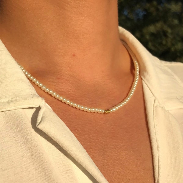 Pearl Necklace Men, Dainty Pearl Necklace, 14k Gold Plated Pearl Choker, Tiny Pearl Beads, Minimalist Pearl Necklace, Gift for Him/Her